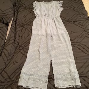 Baby blue polka dot and mesh jumpsuit